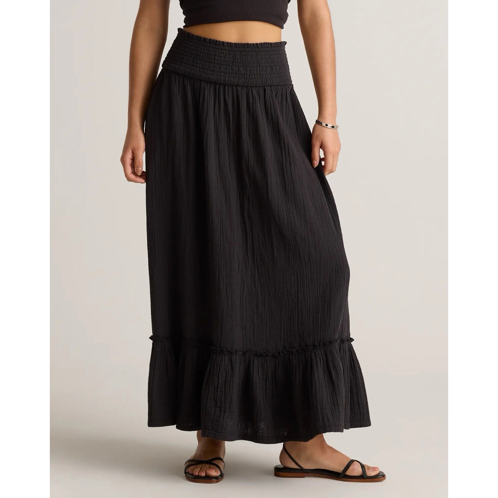 Quince Size M 100% Organic Cotton Black Gauze Smocked Maxi Skirt